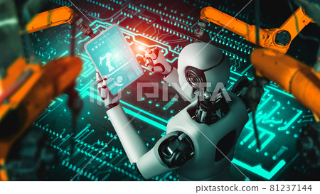 Mechanized industry robot and robotic arms for assembly in factory production . Mechanized industry robot and robotic arms for assembly in factory production . 81237144
