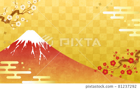 新年的富士山、梅花和方格金色矢量圖背景(日本圖案、日本、年終和新年假期、複製空間、紅富士 新年的富士山、梅花和方格金色矢量圖背景(日本圖案、日本、年終和新年假期、複製空間、紅富士 81237292