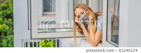 BANNER, LONG FORMAT Extremly tired woman looking out the window, home alone. self-isolation at home, quarantine due to pandemic COVID 19. Mental health problems in self-isolation at home, quarantine 81240124