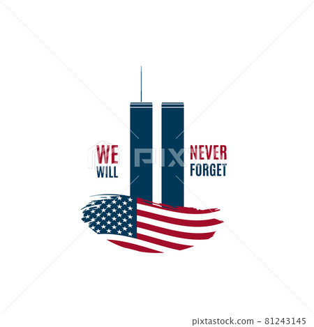 9/11 Patriot Day card with Twin Towers on american flag and phrase We will never forget. 9/11 Patriot Day card with Twin Towers on american flag and phrase We will never forget. 81243145