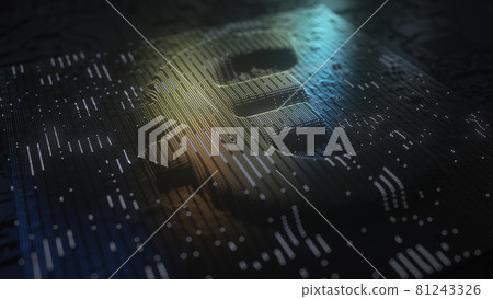 Hi-tech euro symbol made made with golden contacts and flashing lamps. Digital currency concept, 3D rendering 81243326