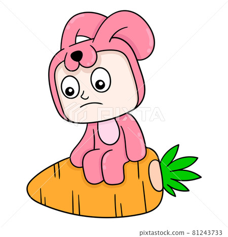 cute pink bunny sitting on a giant carrot, doodle icon image kawaii 81243733