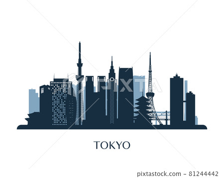 Tokyo skyline, monochrome silhouette. Tokyo skyline, monochrome silhouette. 81244442