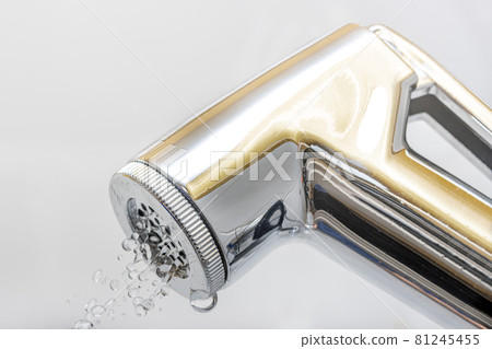 A chrome bidet shower spraying water, close up. The head of the toilet bidet. 81245455