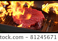Super slowmotion footage of throwing fresh beef meat and seasoning on ignited pan, 1000fps 4k 81245671