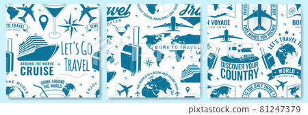 Set of Travel seamless pattern or background with design element. Seamless scene with travel inspiration quotes, globe, airplane, suitcase, cocktail silhouette Vector. Motivation for traveling 81247379