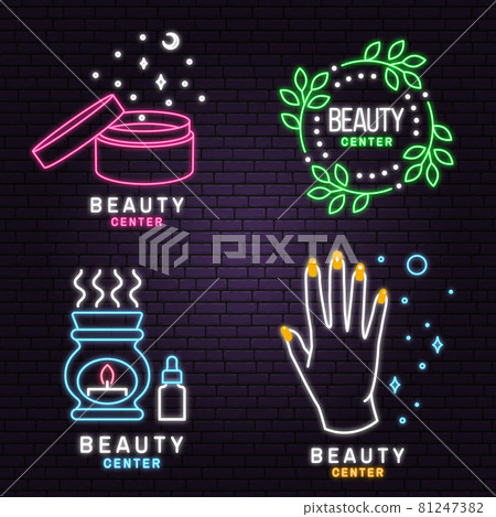 Neon sign. Set of Beauty center emblem with woman face, ceramic candle aroma oil lamp, mortar and pestle, lipstick. Beauty center label, badge, sign for cosmetics, jewellery, beauty. Vector 81247382