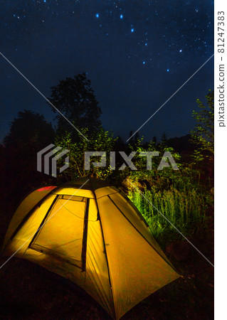 Tourist tent under starry sky and constellation ursa major. Some noise from high iso exists 81247383