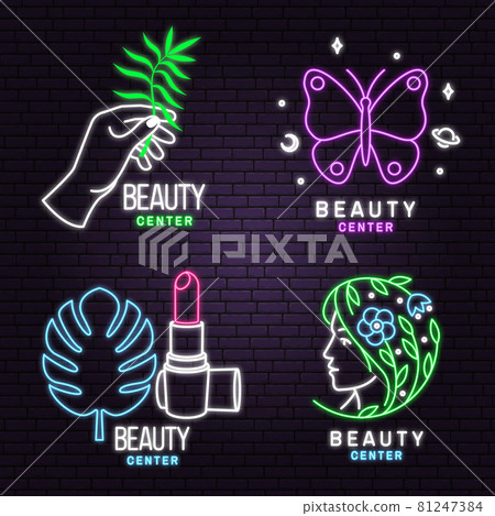Neon sign. Set of Beauty center emblem with woman face, ceramic candle aroma oil lamp, mortar and pestle, lipstick. Beauty center label, badge, sign for cosmetics, jewellery, beauty. Vector 81247384