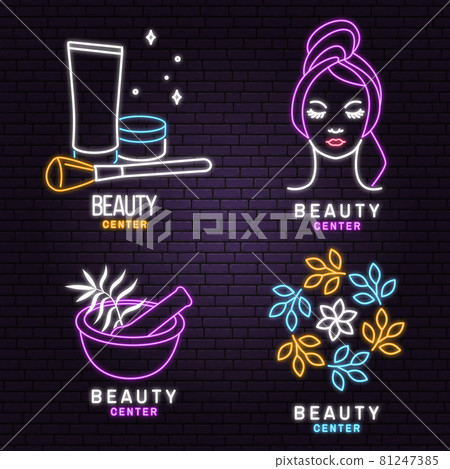 Neon sign. Set of Beauty center emblem with woman face, ceramic candle aroma oil lamp, mortar and pestle, lipstick. Beauty center label, badge, sign for cosmetics, jewellery, beauty. Vector 81247385