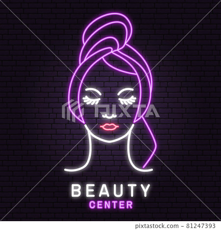 Neon sign. Woman face for logo, label, badge, emblem. Pretty lady wrap towel Beauty center sign for cosmetics, jewellery, beauty and handmade products, tattoo studios. Linear trendy style. Vector 81247393