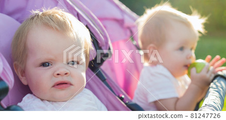 Portrait of Caucasian twin children of 6 months of age with blonde hair sitting in a baby carriage 81247726