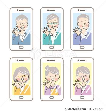 Elderly men and women talking on smartphone videophone Elderly men and women talking on smartphone videophone 81247773