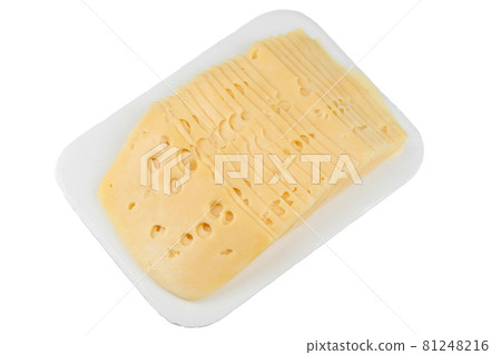 Cheese slices in pack isolated on white background. Cheese slices in pack isolated on white background. 81248216