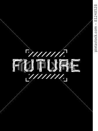 T-shirt and apparel design with big headline FUTURE, and cyberpunk design elements in the square futuristic frame. Black and white print. Vector 81248528