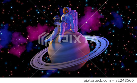 Astronaut sitting on Saturn and space background. 3d rendering. 81248560
