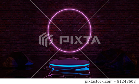 Blank product stand with neon lights on brick wall background. 3d rendering 81248608
