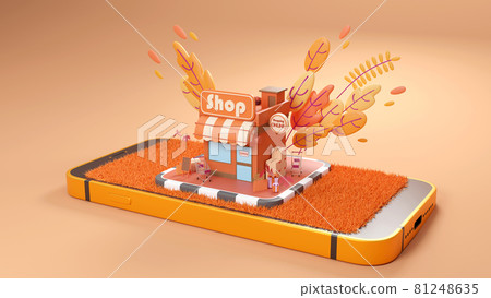 E-commerce concept on Autumn, Shopping online and delivery service on mobile application., 3d rendering. 81248635