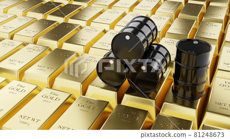 Black oil barrels on gold bullions background. 3d illustration. Black oil barrels on gold bullions background. 3d illustration. 81248673