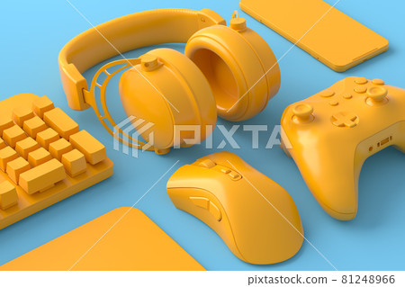 Top view of gamer workspace and gear like mouse, keyboard, joystick, headset, VR Top view of gamer workspace and gear like mouse, keyboard, joystick, headset, VR 81248966