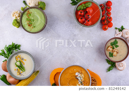 Assortment of vegetable autumn cream soups. Assortment of vegetable autumn cream soups. 81249142