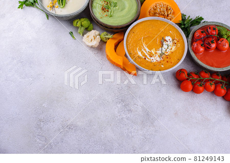 Assortment of vegetable autumn cream soups. Assortment of vegetable autumn cream soups. 81249143