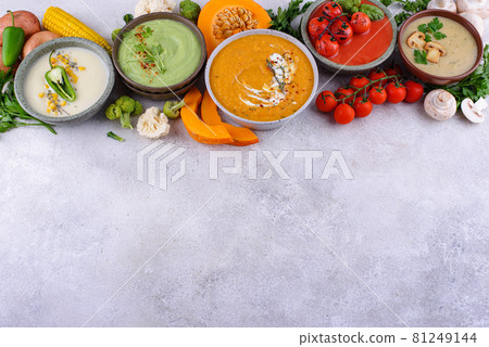 Assortment of vegetable autumn cream soups. Assortment of vegetable autumn cream soups. 81249144