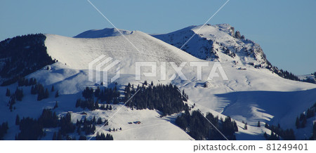 Mountains Gandhore and Spillgerte in winter. Winter landscape near Zweisimmen. Mountains Gandhore and Spillgerte in winter. Winter landscape near Zweisimmen. 81249401