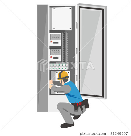 Workers crouching down to work on the control panel Workers crouching down to work on the control panel 81249997