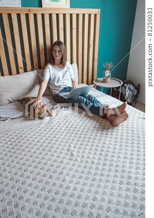 Young woman using laptop to work, lying on the bed with a pet cat in the bedroom, . Flexible hours and remote work. 81250031