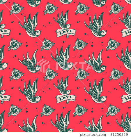 Seamless pattern with swallows and roses in old school tattoo style. For poster, card, banner, flyer. Vector illustration 81250259