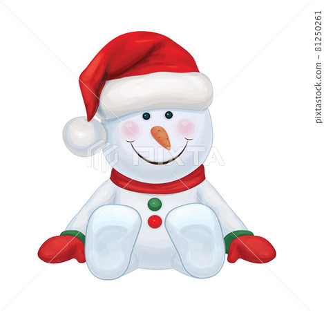 Vector sitting snowman cartoon. Cute snowman in Santa cap. Vector sitting snowman cartoon. Cute snowman in Santa cap. 81250261