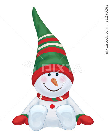Vector sitting snowman cartoon. Cute snowman for winter holidays. Vector sitting snowman cartoon. Cute snowman for winter holidays. 81250262