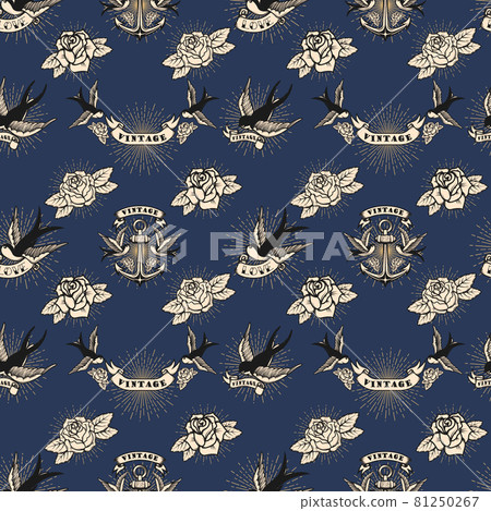 Seamless pattern with swallows and roses and anchors in old school tattoo style. For poster, card, banner, flyer. Vector illustration 81250267