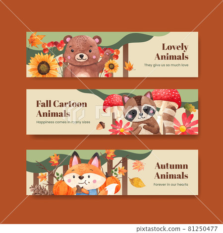 Banner template with autumn animal concept,watercolor style Banner template with autumn animal concept,watercolor style 81250477
