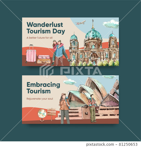 Twitter template with world tourism day concept,watercolor style Twitter template with world tourism day concept,watercolor style 81250653