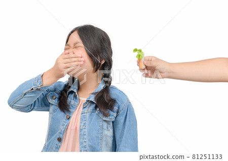 asian child girl with expression of disgust against vegetables in salad roll, Refusing food asian child girl with expression of disgust against vegetables in salad roll, Refusing food 81251133