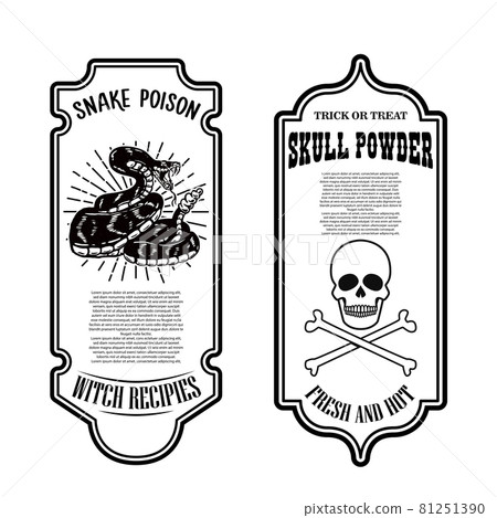 Halloween snake poison. Skull powder. Bottle label template. Design element for poster, card, banner, sign. Vector illustration Halloween snake poison. Skull powder. Bottle label template. Design element for poster, card, banner, sign. Vector illustration 81251390