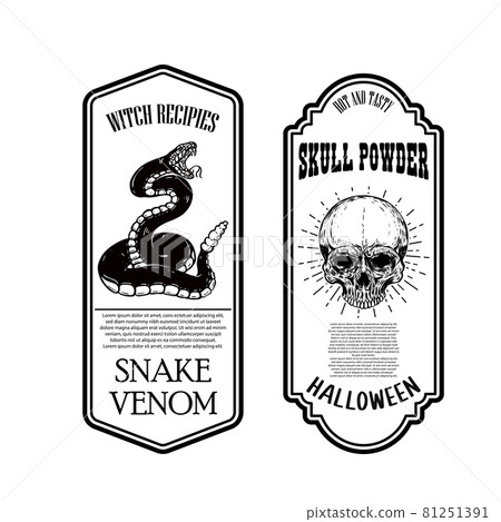 Halloween snake poison. Skull powder. Bottle label template. Design element for poster, card, banner, sign. Vector illustration 81251391