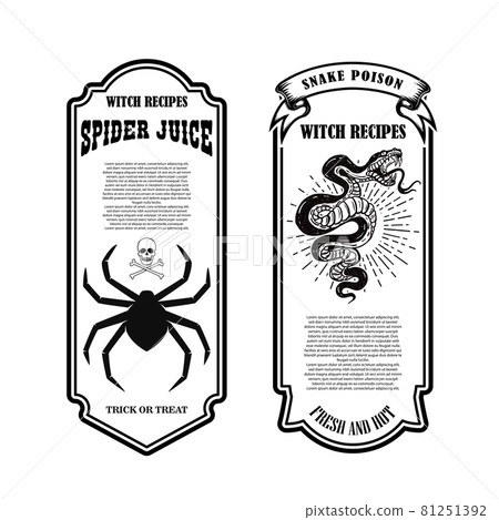 Halloween poison label. Spider juice. Snake poison. Design element for poster, card, banner, sign. Vector illustration Halloween poison label. Spider juice. Snake poison. Design element for poster, card, banner, sign. Vector illustration 81251392