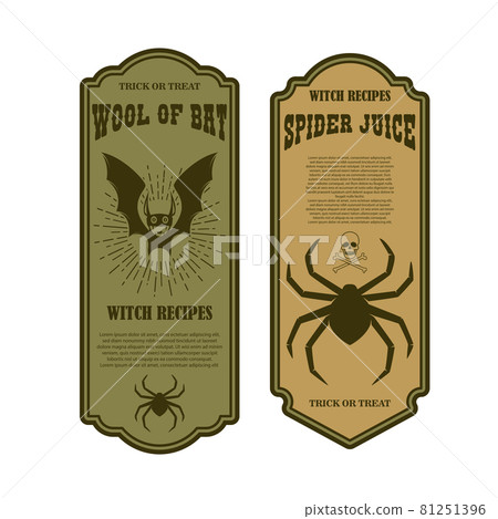 Halloween poison label. Wool of bat. Spider juice. Design element for poster, card, banner, sign. Vector illustration Halloween poison label. Wool of bat. Spider juice. Design element for poster, card, banner, sign. Vector illustration 81251396