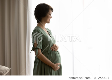 Happy pregnant woman in trendy dress looking at window i Happy pregnant woman in trendy dress looking at window i 81253607