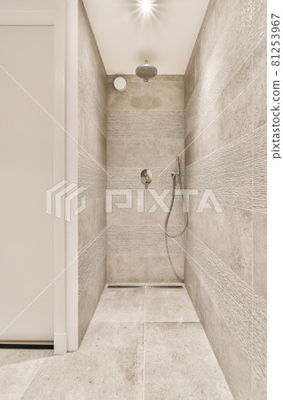 Modern shower stall in a bright bathroom Modern shower stall in a bright bathroom 81253967