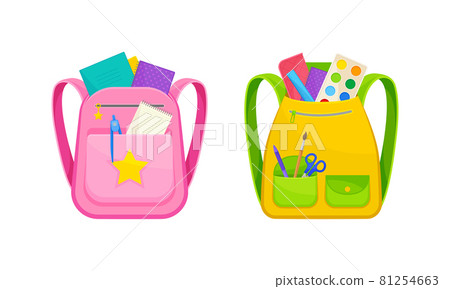 Backpacks full of stationery objects set. School bags with paints, scissors, pencil case, notebooks. Back to school concept vector illustration Backpacks full of stationery objects set. School bags with paints, scissors, pencil case, notebooks. Back to school concept vector illustration 81254663