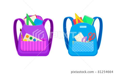 Backpacks full of stationery objects set. School bags with paints, scissors, rulers, notebooks, books. Back to school concept vector illustration Backpacks full of stationery objects set. School bags with paints, scissors, rulers, notebooks, books. Back to school concept vector illustration 81254664