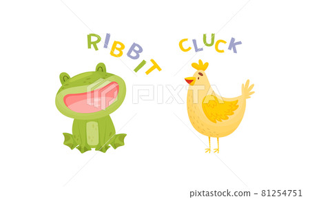 Cute baby animals making sounds set. Frog and hen saying ribbit and cluck vector illustration 81254751