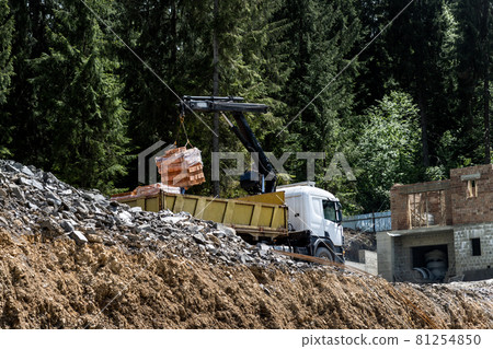 Side bottom pov big modern truck with mounted self loading crane arm boom unloading pallet of new bricks at countryside rural forest suburban construction site. Building materials delivery service 81254850