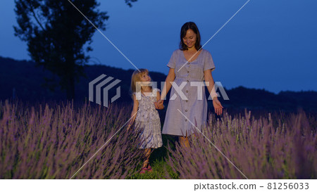 Adorable little cute daughter child kid walking with mother in lavender field, playing with flowers Adorable little cute daughter child kid walking with mother in lavender field, playing with flowers 81256033
