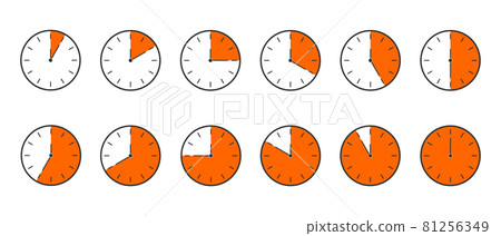 Countdown timer or stopwatch icons set. Clocks with different orange minute time intervals isolated on white background. Infographic for cooking or sport game Countdown timer or stopwatch icons set. Clocks with different orange minute time intervals isolated on white background. Infographic for cooking or sport game 81256349
