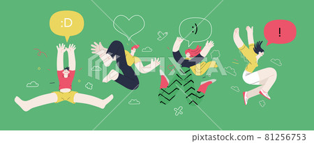 Happiness - happy people jumping in the air cheerfully Happiness - happy people jumping in the air cheerfully 81256753